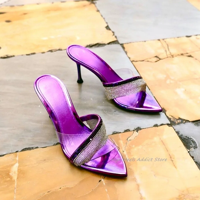 

Прозрачные шлепанцы с острым носком из хрусталя и ПВХ, новинка 2024, для женщин, металлик, кожа, серебристый/фиолетовый цвет, высокий каблук, искусственная кожа, роскошная дизайнерская обувь