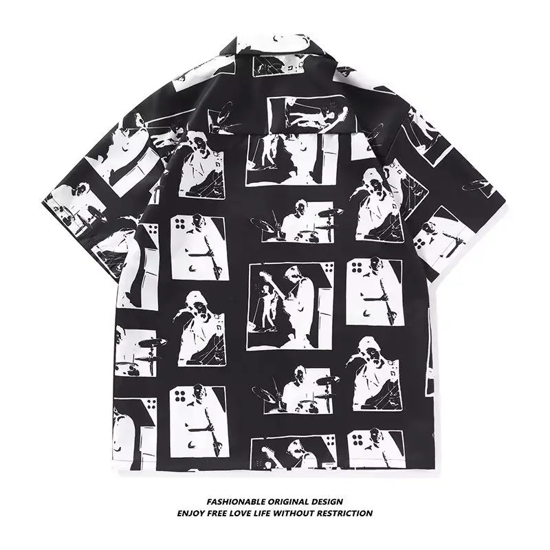 Elegant Fashion Harajuku Slim Fit Male Clothes Casual All Match Tops Square Neck Printed Button Cardigan Short Sleeve Blusa