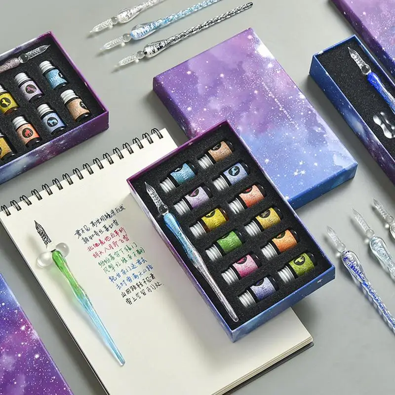 Ensemble de stylos à tremper en verre, cristal, ciel étoilé, calligraphie, poudre scintillante, stylos plume, 12 encres pour documents, crayon d'écriture, coffret cadeau