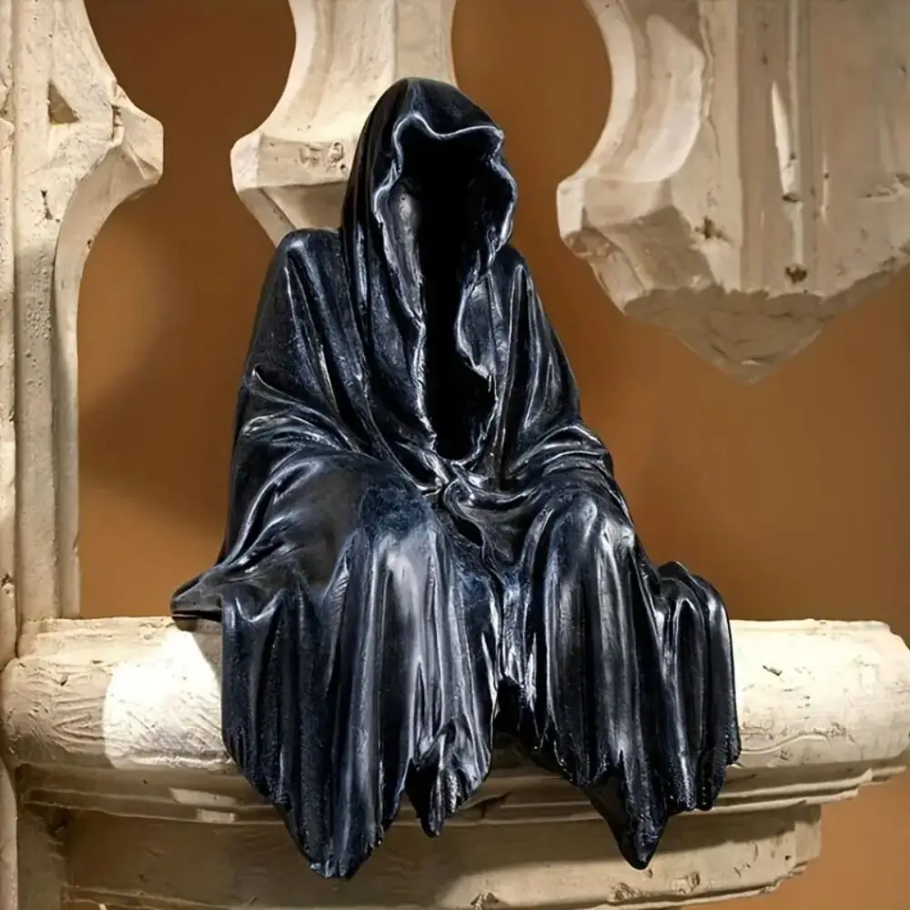 Horror Gothic Black Robed Sitting Garden Sculpture Halloween Decor Black Clothes Mysterious Master Ornament - Image 4