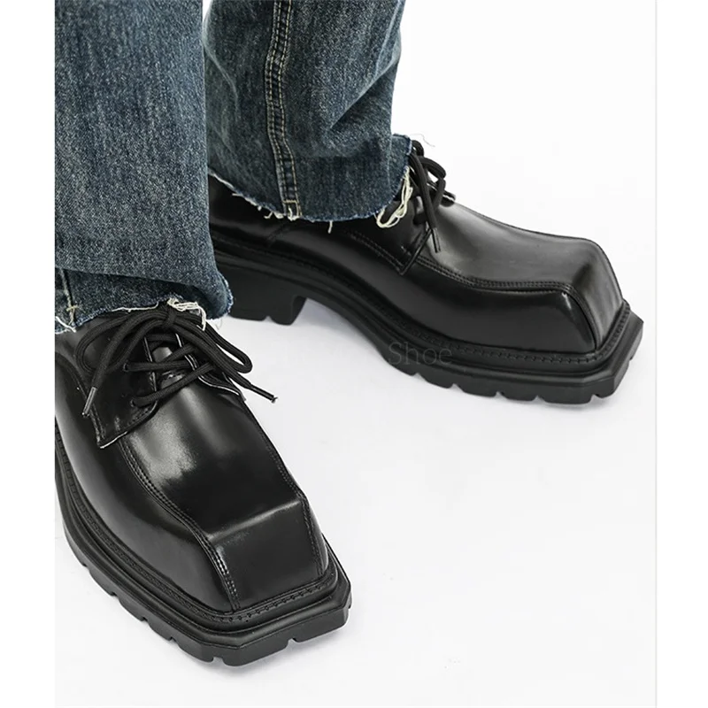 Men's Square Toe Leather Derby Shoes Women's Thick Sole Big Toe British Retro Lace Up Casual Leather Shoes for Gentlemen 6