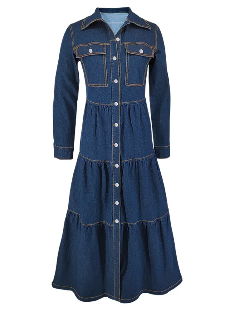 Wmstar Denim Dress Women Casual Button Cardigan Long Sleeve Dresses Fashion Streetwear New Spring Clothes Wholesale Dropshipping