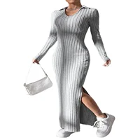 Spring Summer 2024 New Knitslims Smooths Your Silhouette Lapel Long Sleeve Dress Amazon Warehouse Ribbed Solid Color Tight Long