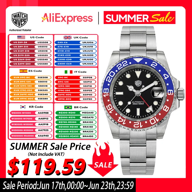 Часы WatchDive WD16760 GMT NH34 часы из нержавеющей стали с сапфировым стеклом наручные часы BGW9 светящиеся водонепроницаемые часы 300 м