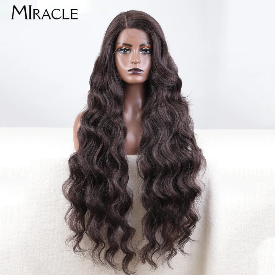 MIRACLE Synthetic Lace Front Wigs For Women Cosplay Wig Blonde Wig Long Wavy 36 Inch Body Wavy Side Part Lace Front Wig Brown