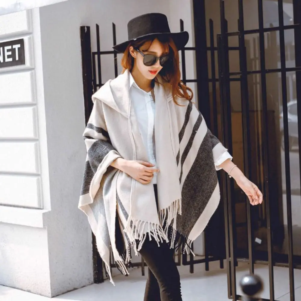 Womens Winter Warm Fleece Shawl Hooded Imitation Cashmere Wraps Scarf Thicken Shawl Cape