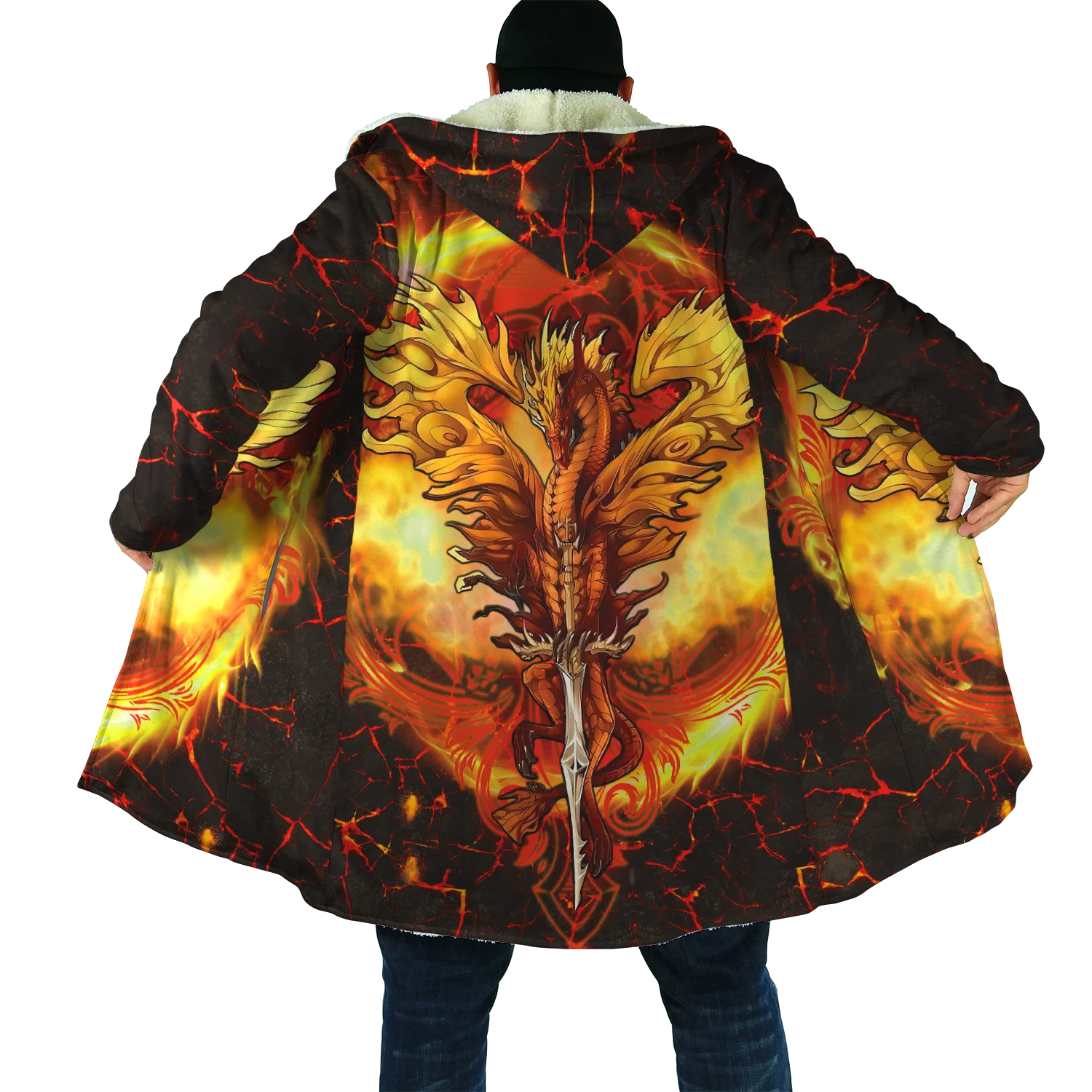 

Winter Mens Cloak Skull and Dragon Armor Tattoo 3D Print Fleece Hooded Cloak Unisex Casual Thick Warm Cloak Coat HC25