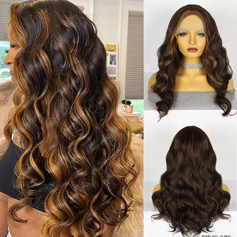 

Highlight Ombre Lace Front Wig Long Body Wave Lace Frontal Wig for Black Women Middle Part Synthetic Natural Wave Lace Wigs