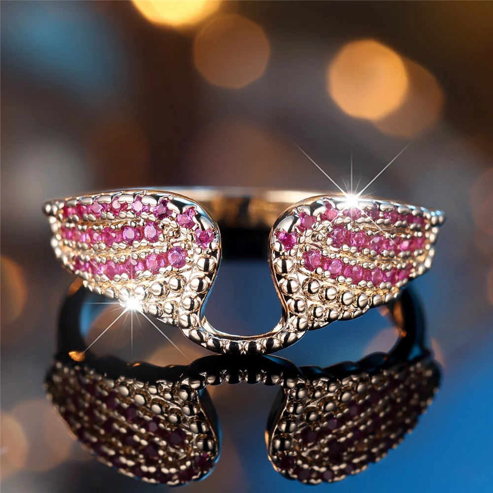 Female Cute Rose Red Zircon Small Stone Ring Vintage Color Angel Wings Engagement Rings Charm Wedding Jewelry For Women