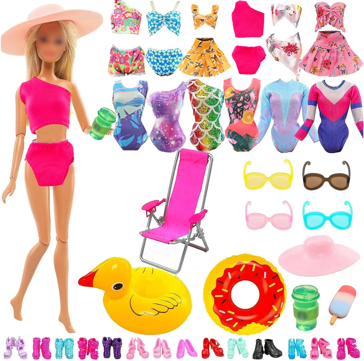 

24 Pcs Doll Clothes & Accessories Summer Beach Set 5 Swimsuits with 19 Accessories Shoes Glasses Drinks Swimming Rings for 11.5
