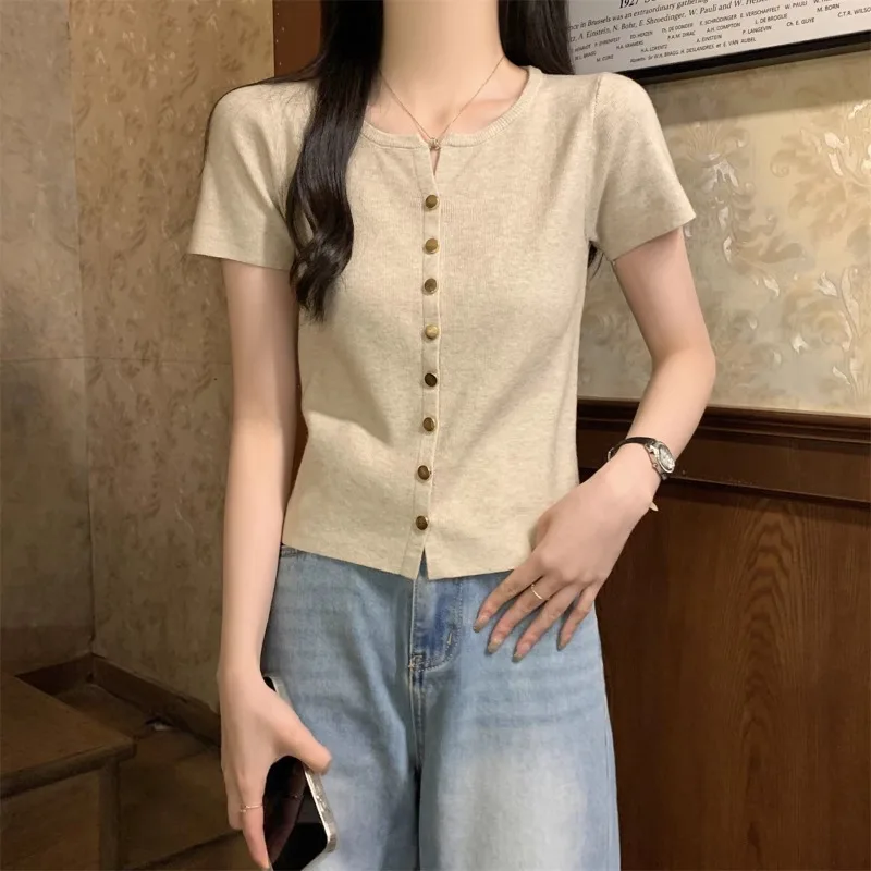 New Women's Knitted Button Shirt Stylish and Elegant Women's Office Short Sleeve Crew Neck Pullover
