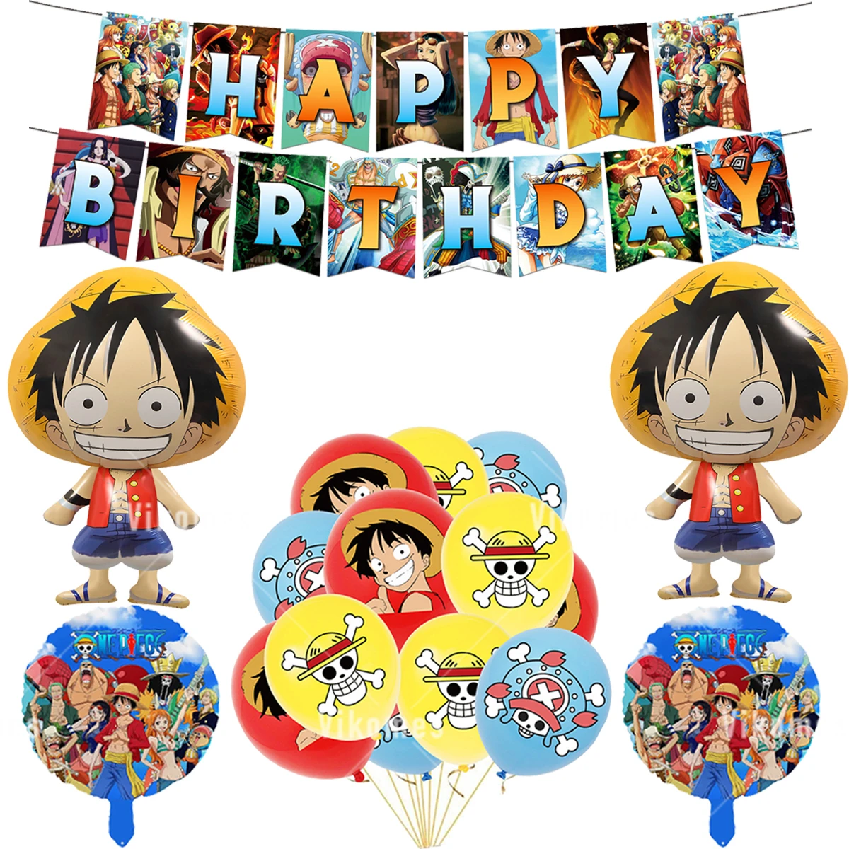 thumbnail image 1 of Decoraciones para fiesta de cumpleaños con temática de Luffy de ONE PIECE, vajilla desechable, juguetes para bebés, vasos de papel, platos, servilletas y suministros de fondo, 1 of 5