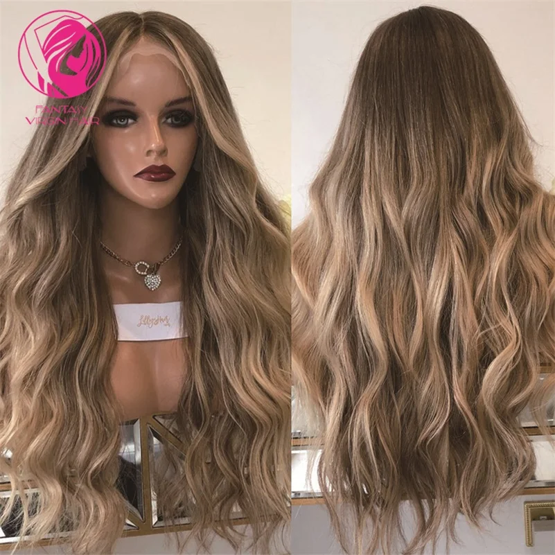 

Dirty Blonde Highlights Virgin Human Hair Full Lace Wigs Ash Blonde Ombre Root Wig Premium Wavy Hair HD 13x6 Lace Front Wig 150%