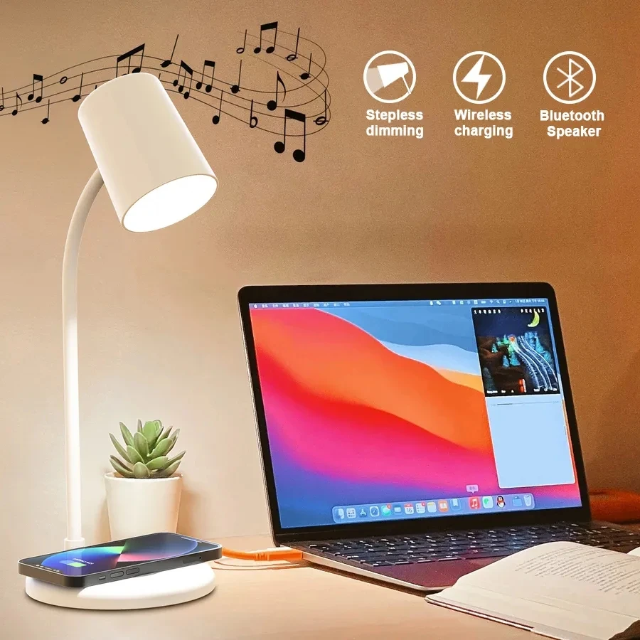 

10W QI Wireless Charging Led Desk Lamp Reading Night Lights Eyes Protection Touch Dimmable Table Lamp with bluetooth speaker