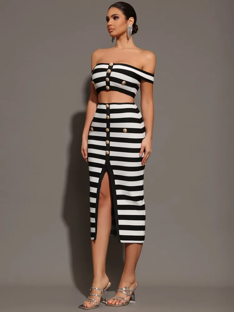 Women Summer Sexy Off Shoulder Striped Button Two Piece Mini Bandage Set 2024 Celebrity Designer Evening Party Women's Set 4