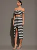 Women Summer Sexy Off Shoulder Striped Button Two Piece Mini Bandage Set 2024 Celebrity Designer Evening Party Women's Set 4