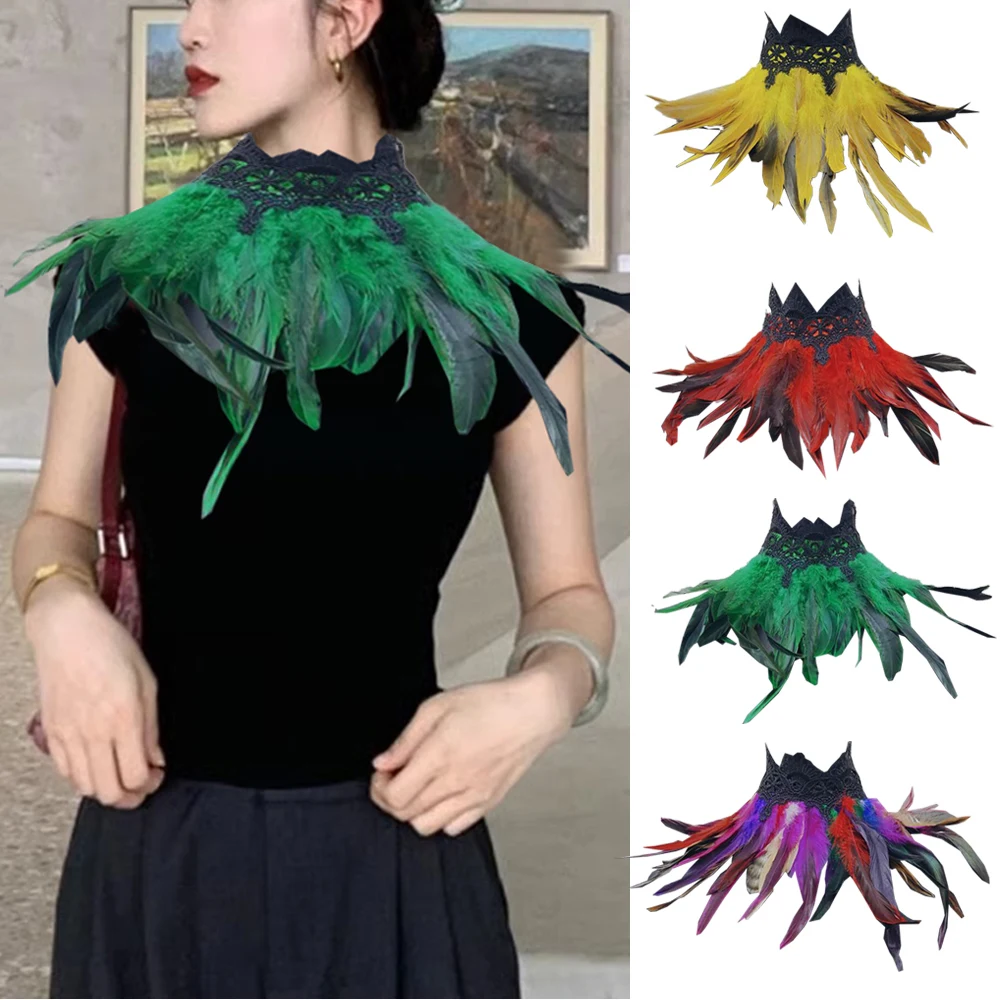

Natural Feather With Lace Women Neck Cover Punk Cape Shawl Classic Feather Sexy Lace Cosplay False Collar Cuello Falso Mujer