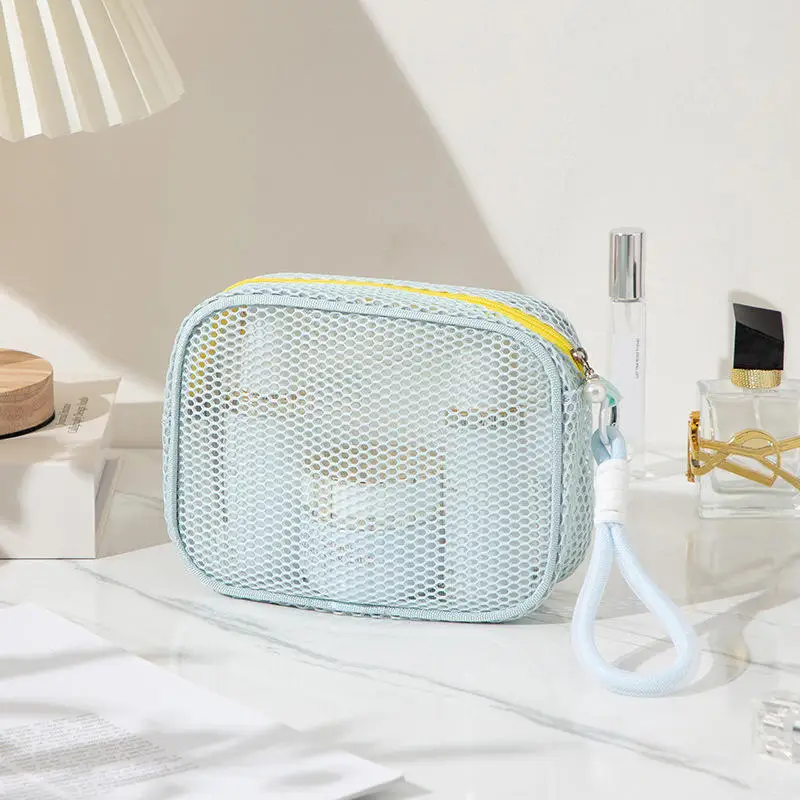 Mesh Cosmetic Bag Portable Travel Makeup Bag Mini Grid Storage Bags Breathable Cosmetic Storage Pouch Compact Size Solid Color