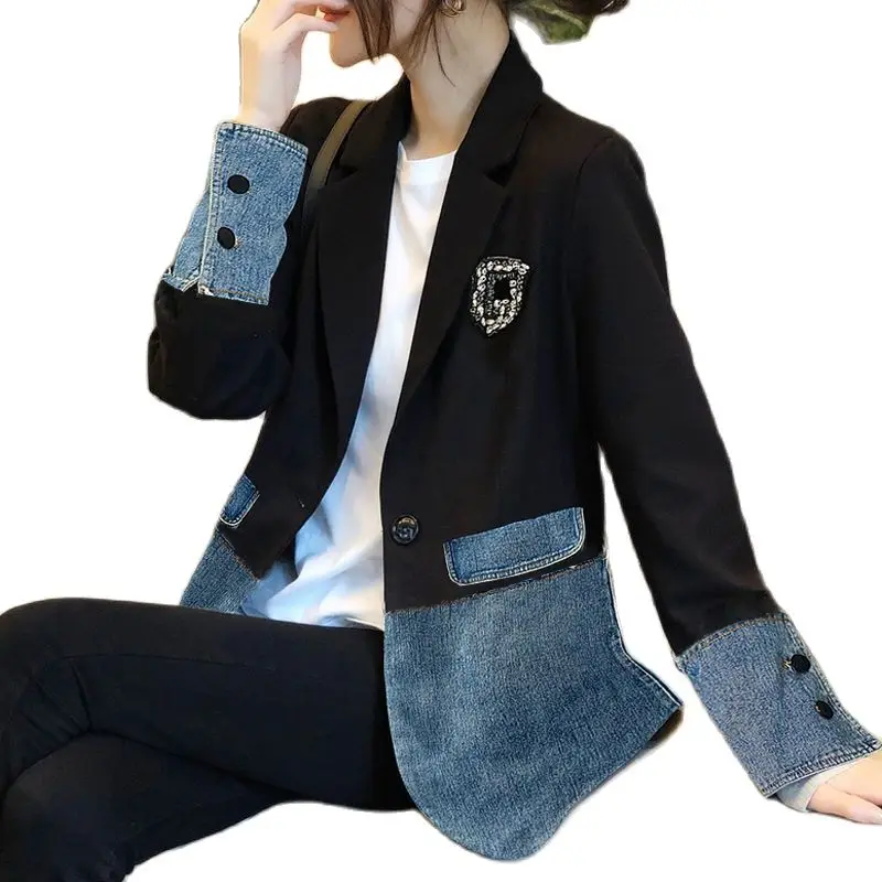 

Denim Stitching Suit Jacket Women 2022 Spring New Korean Loose Single Button Blazer Coat Large Size 4XL Autumn Female Jeans Coat