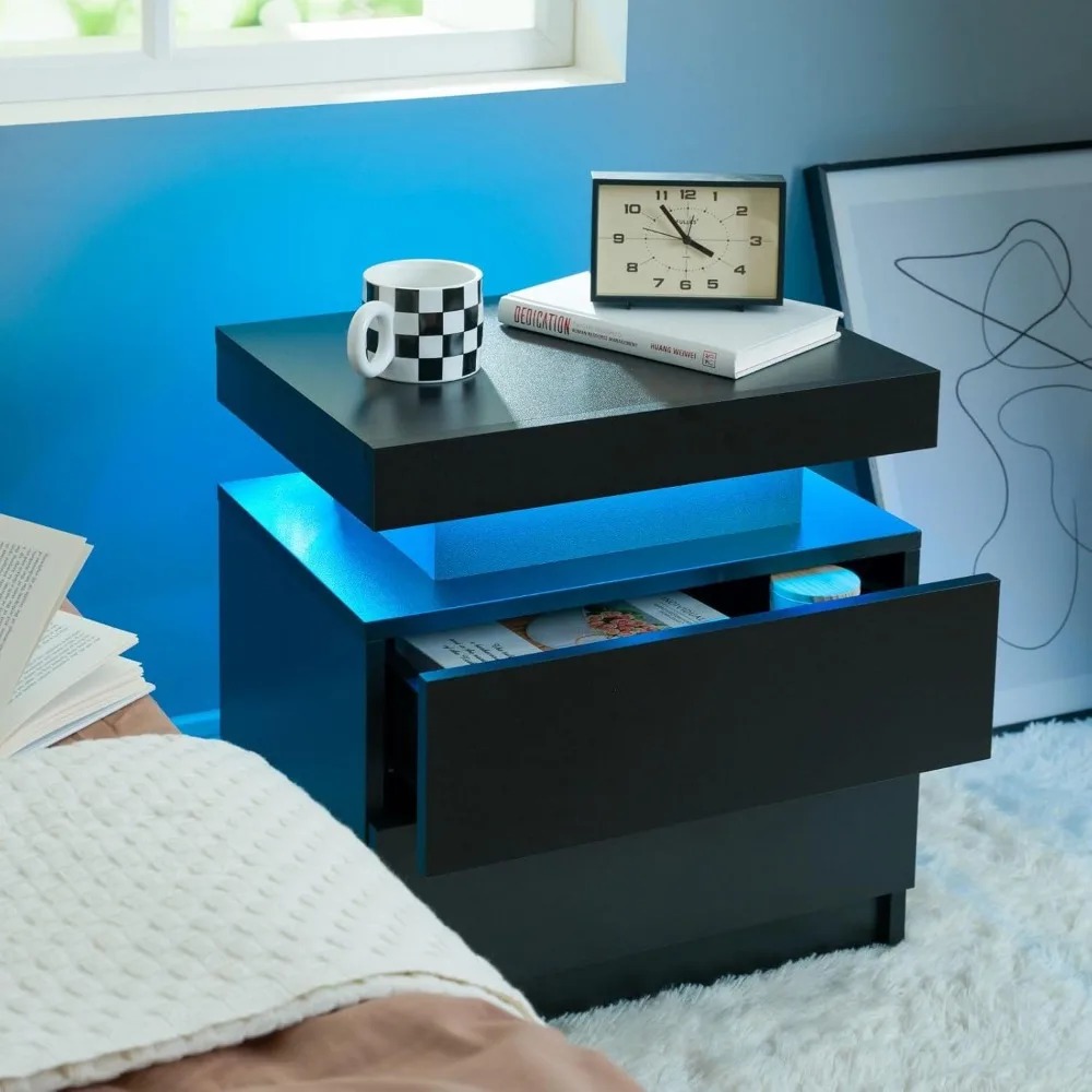 Nightstand Set of 2 LED Nightstand with 2 Drawers, Bedside Table with Drawers for Bedroom, Side Bed Table with LED Light, 4