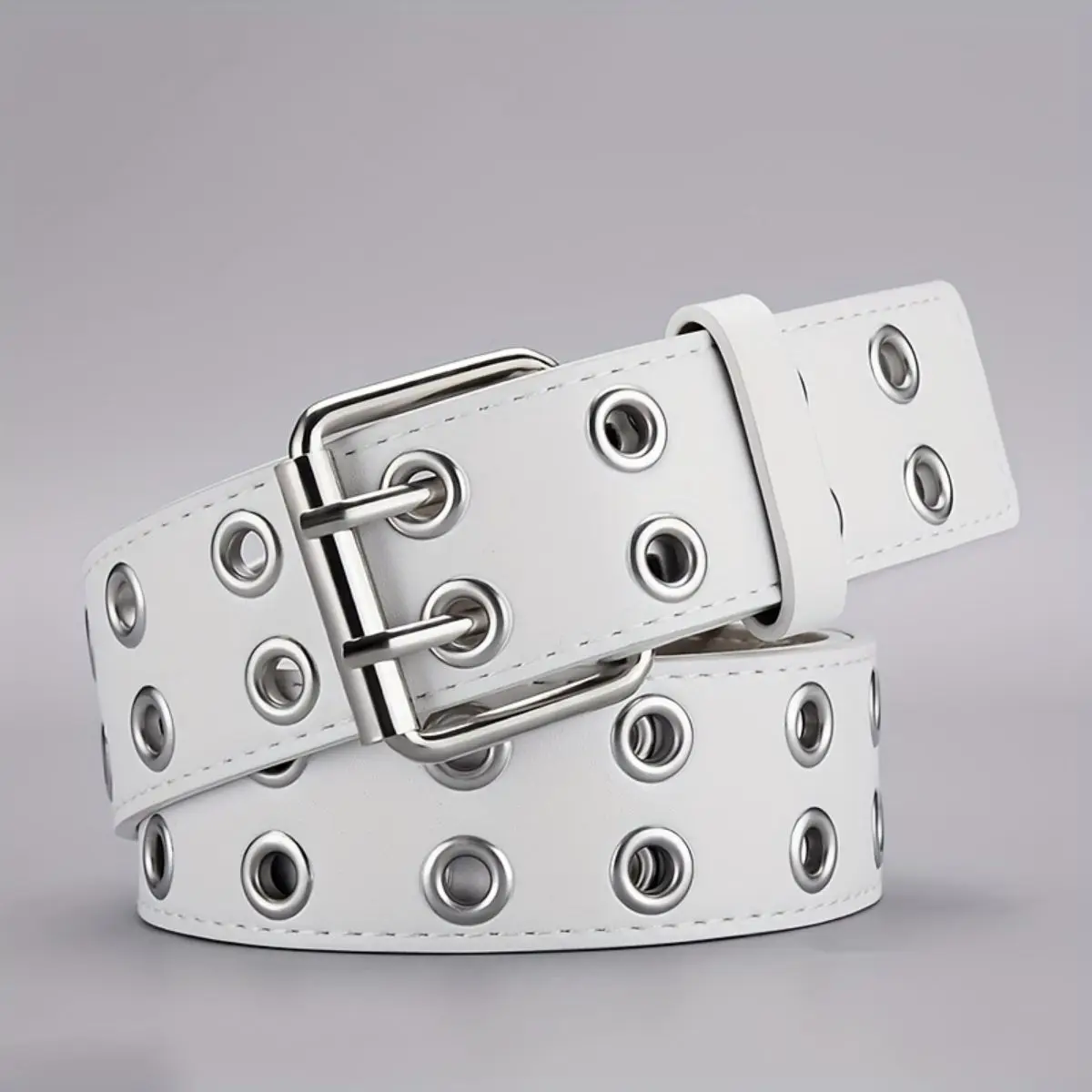 小物 rurumu.double buckle belt White 43in Double Grommet Belt ,PU Leather Punk Belt for Women Men