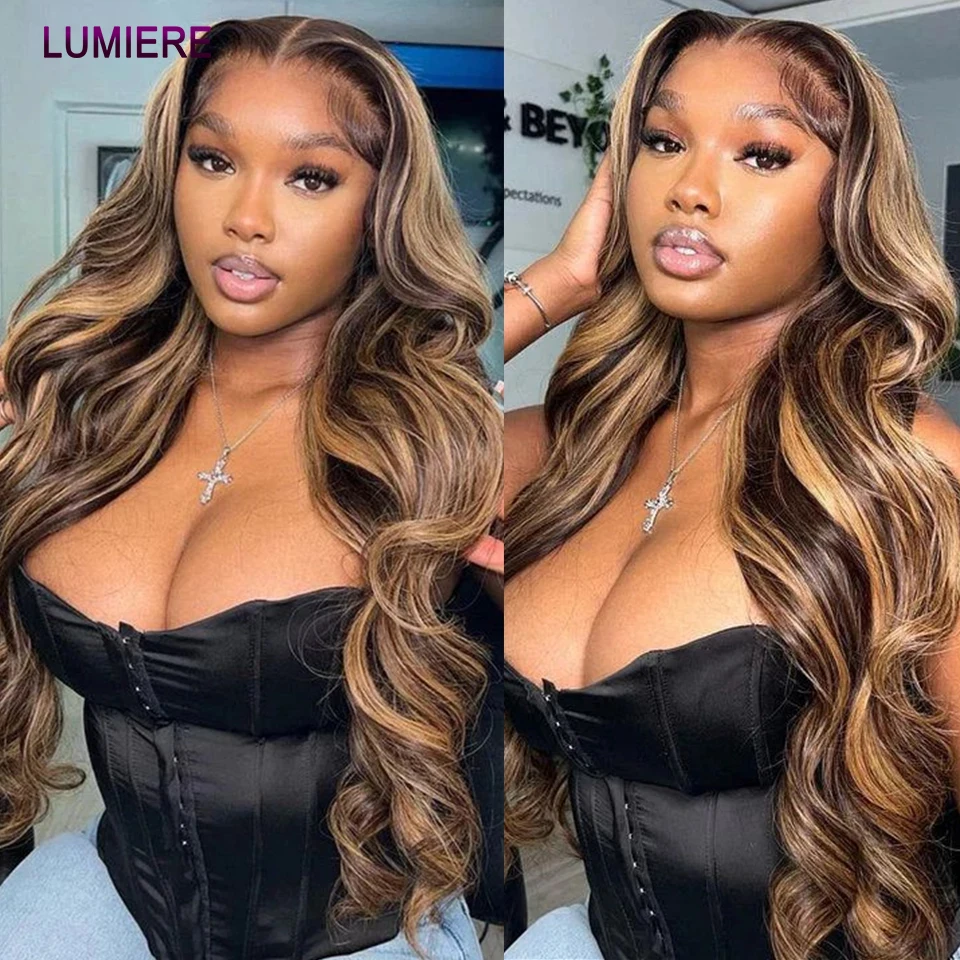 P4/27 Highlight Ombre Honey Brown Colored 8-40Inch Body Wave  100% Virgin Raw Human Hair Bundles With Lace Closure Frontal HD Transparent Hair Bundle Double Weft Wholesale 18A Top Quality Afro Kinky Deep Curly Bundle With Closure Frontal HD Transparent