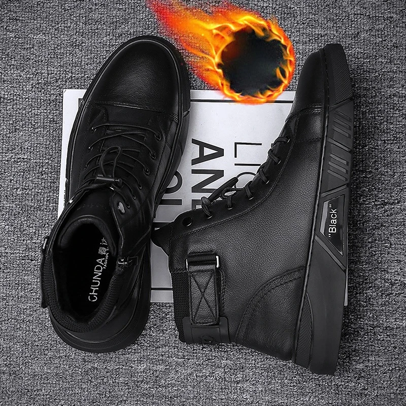 Men Sneakers Outdoor Boots Chelsea Boots Men Leather Boots Sneakers Casual Shoes for Men Pu Leather Boots Comfortable Flat Soled High Top Mid Lace Up Fashion Male Footwear Winter New