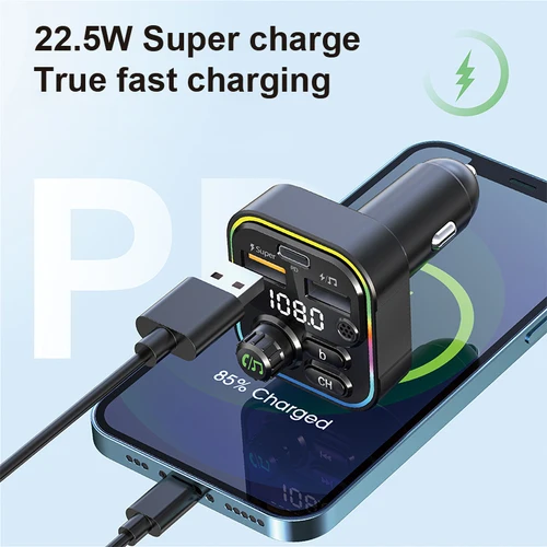 FM 송신기 블루투스 5.0 자동차 핸즈프리 오디오 Mp3 플레이어 어댑터 USB 22.5W 빠른 충전 유형-C 빠른 충전기 FM 변조기, FM 송신기 최대 3,1a 2