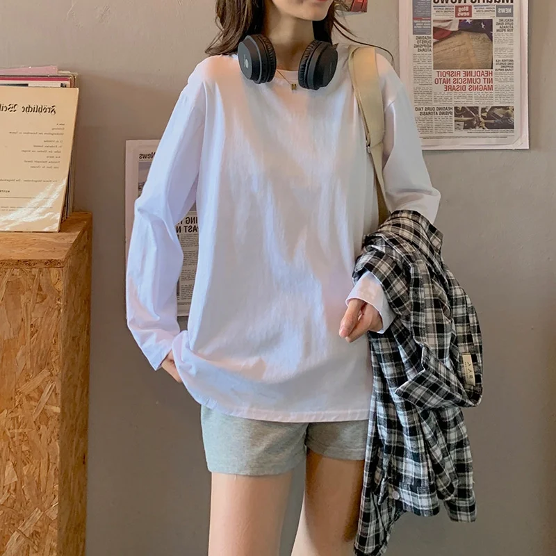 

White Early Autumn Tops Undercoat 2022 New Korean Women Fashionable with Solid Student Long Sleeve T-shirt