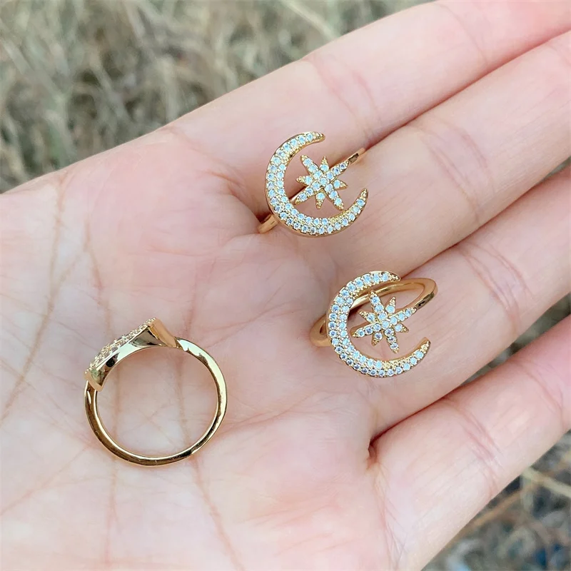 Romantic Sun Moon Star Charms Shine Cz Ring For Girl Regolabile Open Design Fashion Gold Bling Zircone Rings Jewelry For Women