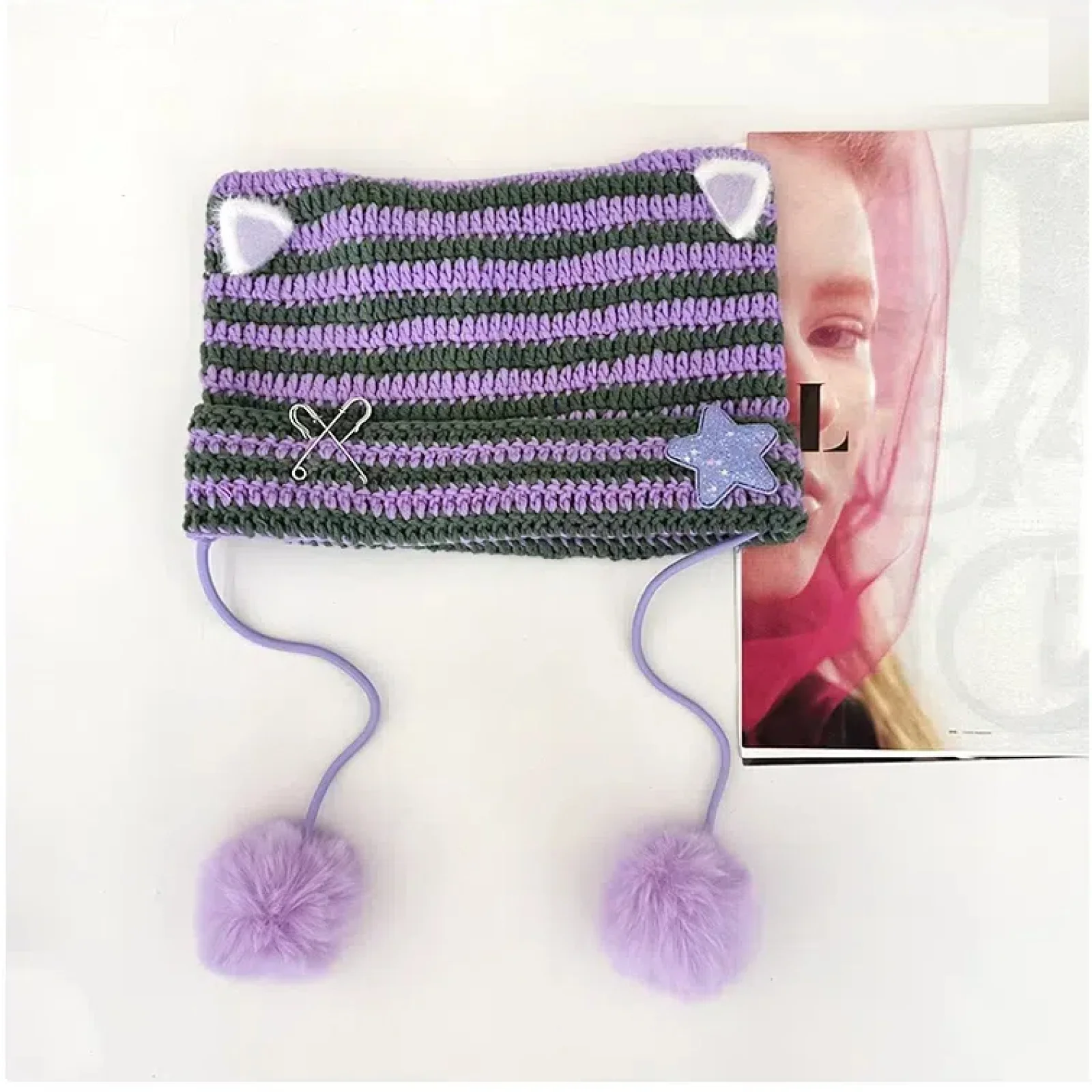 Devil striped knit hat with cute cat's ears and star decoration for women girls