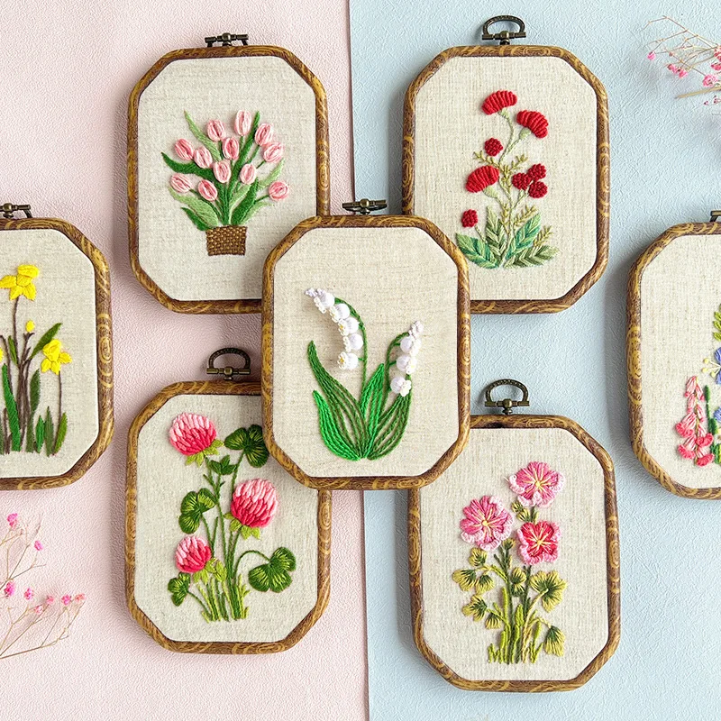 DIY Embroidery Kit with Retro Hoop Flower Pattern Printed Cross Stitch with Frame Handmade Sewing Art Craft Gift Home Decoration