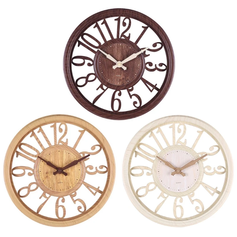 

C63B European Style Hollow-out Wooden Wall Clock 3D Big Digits Round Shaped Art Clocks Kitchen Home Office Decoration