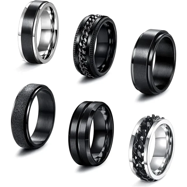 Bobisty 6 pièces anneaux Spinner noirs pour hommes femmes en acier inoxydable Fidget anxiété anti-Stress ensemble de bagues de mariage Size7-13