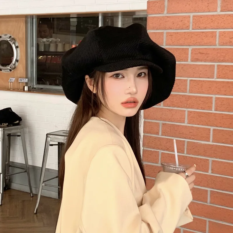 Corduroy Mushroom Hat Fashion Large Cloud Hat Autumn Winter Black Octagonal Cap Women Face Small Painter Caps Gorros,casual hat