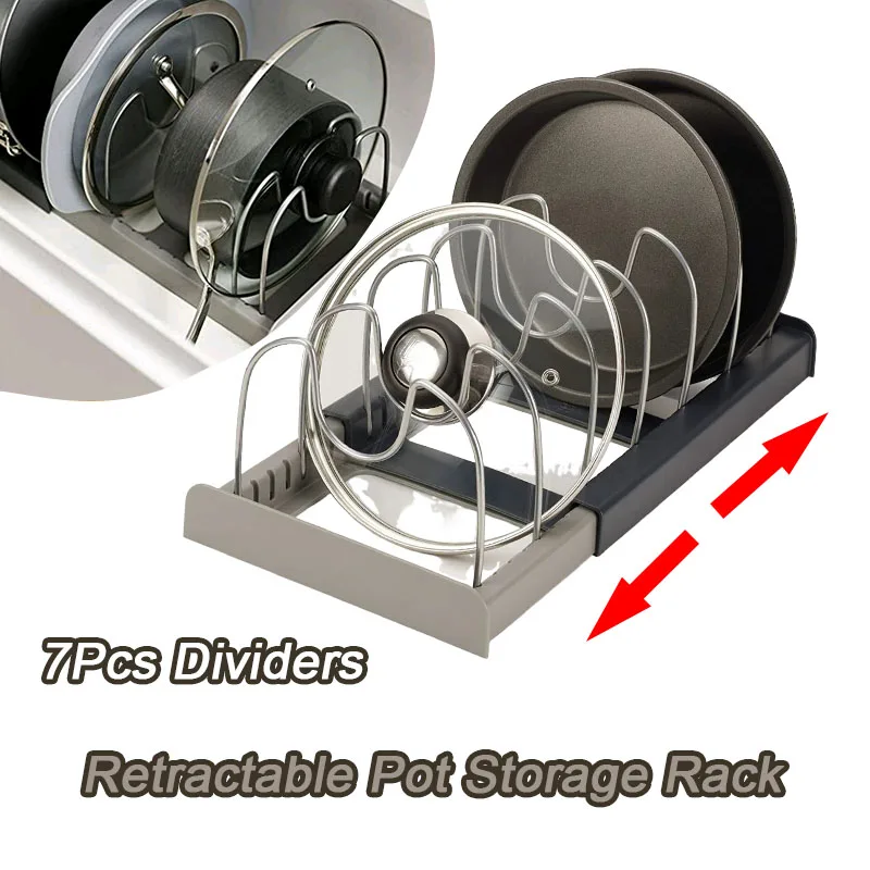 

Выдвижная полка для хранения кастрюль и сковородок с 7 регулируемыми разделителями, подставка для тарелок, полка, органайзер для кухонного шкафа