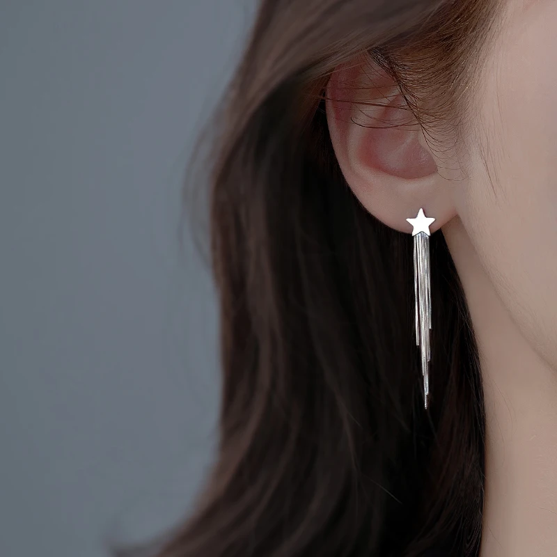 

925 Sterling Silver Star Earrings Female 2023 Summer Autumn Pentagram Long Style Tassel Earhole Earline
