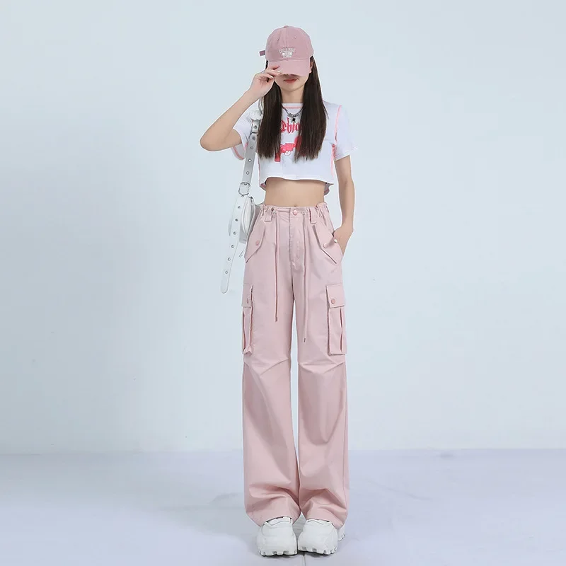 

American Pink Overalls Women's Autumn New Style Straight Loose High Waist Drape Was Thin Wide-leg Casual Pants