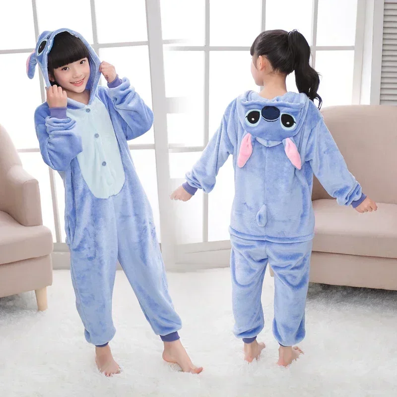 Disney Stitch Winter Pajamas Kids Sleepwear Blue Pink Stich Onesies Children Boys Girls Unisex Flannel Nightie Home Clothes Sets