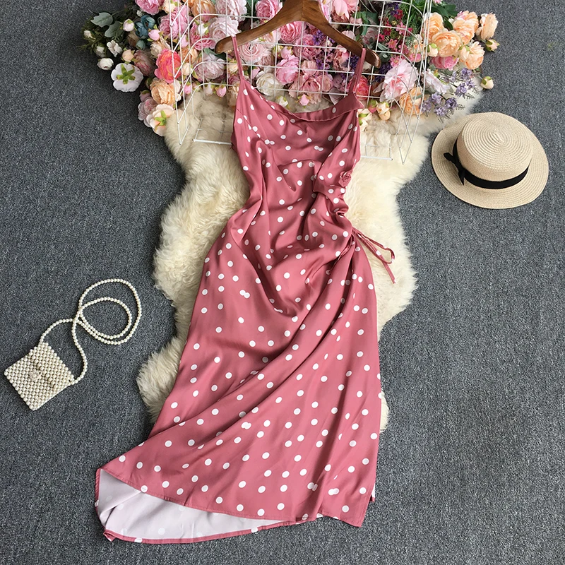 

Summer New Korean Style Fashion Polka Dot One Word Collar Suspender Dress Women's High Waist Slimming Tie Slit A Word Long Skirt