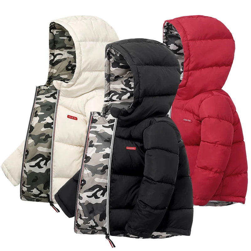 Boys Winter Down Jackets Thick Warm Hooded Outerwear Can Be Worn On Both Sides Toddler Infant Children