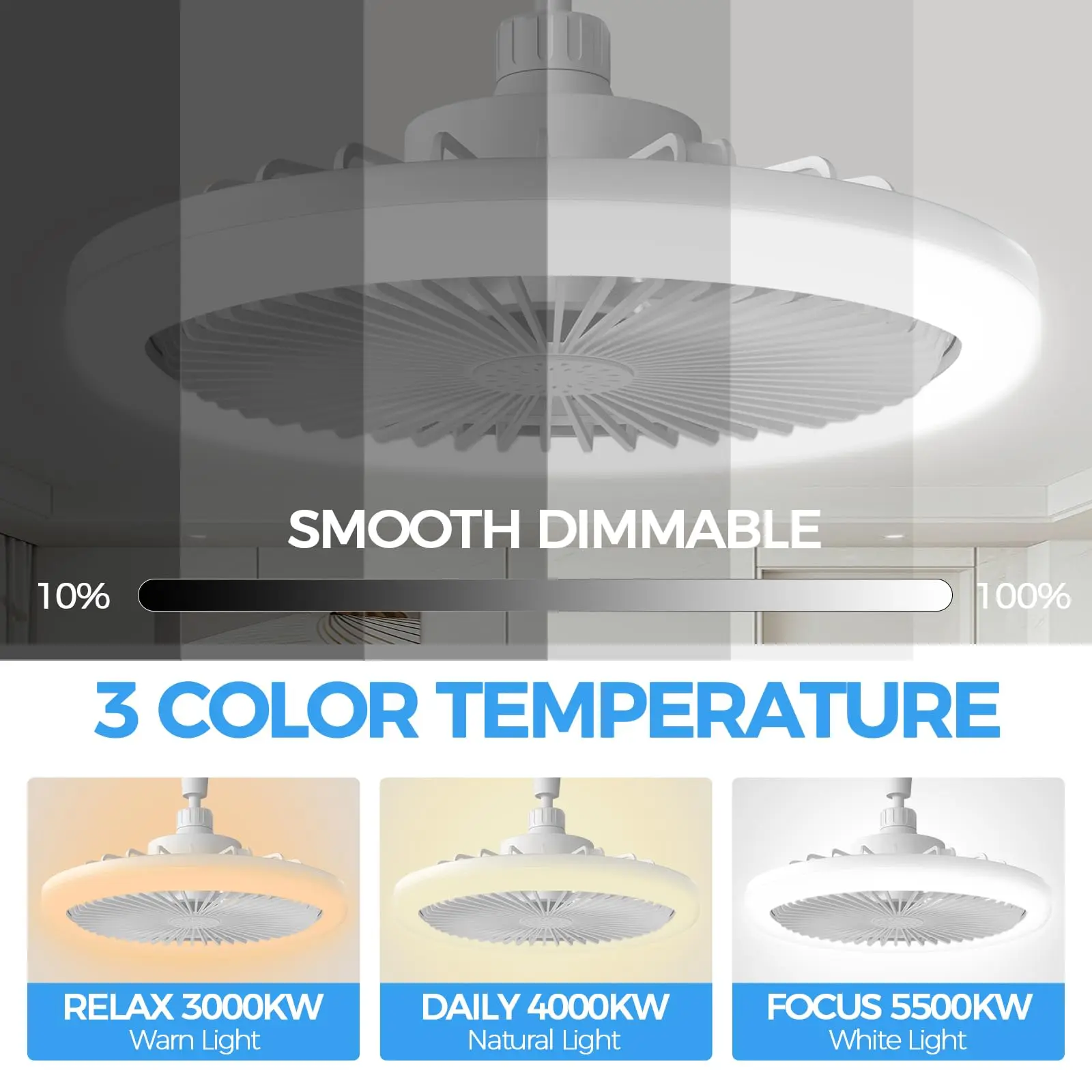 Ceiling Fan With Light E27 Socket 10 Inch 85-265V 3 Fan Speeds Dimmable Easy To install For Bedroom Fixtures