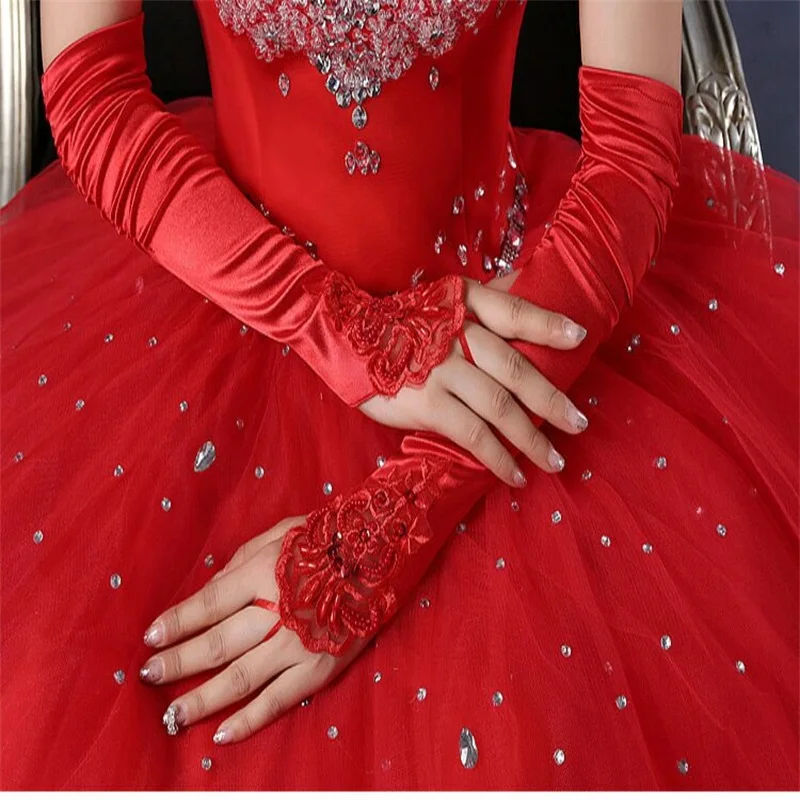 

Elegant Long Bridal Gloves for Wedding Dress New Wedding Accessories White Black Red Fingerless Wedding Gloves with Appliqued
