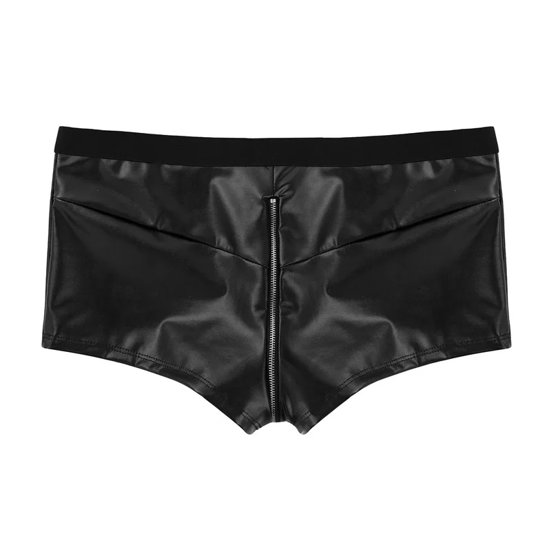 Mens Sexy Lingerie Wet Look Faux Leather Boxer Shorts Sexy Panties Zipper Crotch Low Rise Underwear Exotic Nightclub Underpants