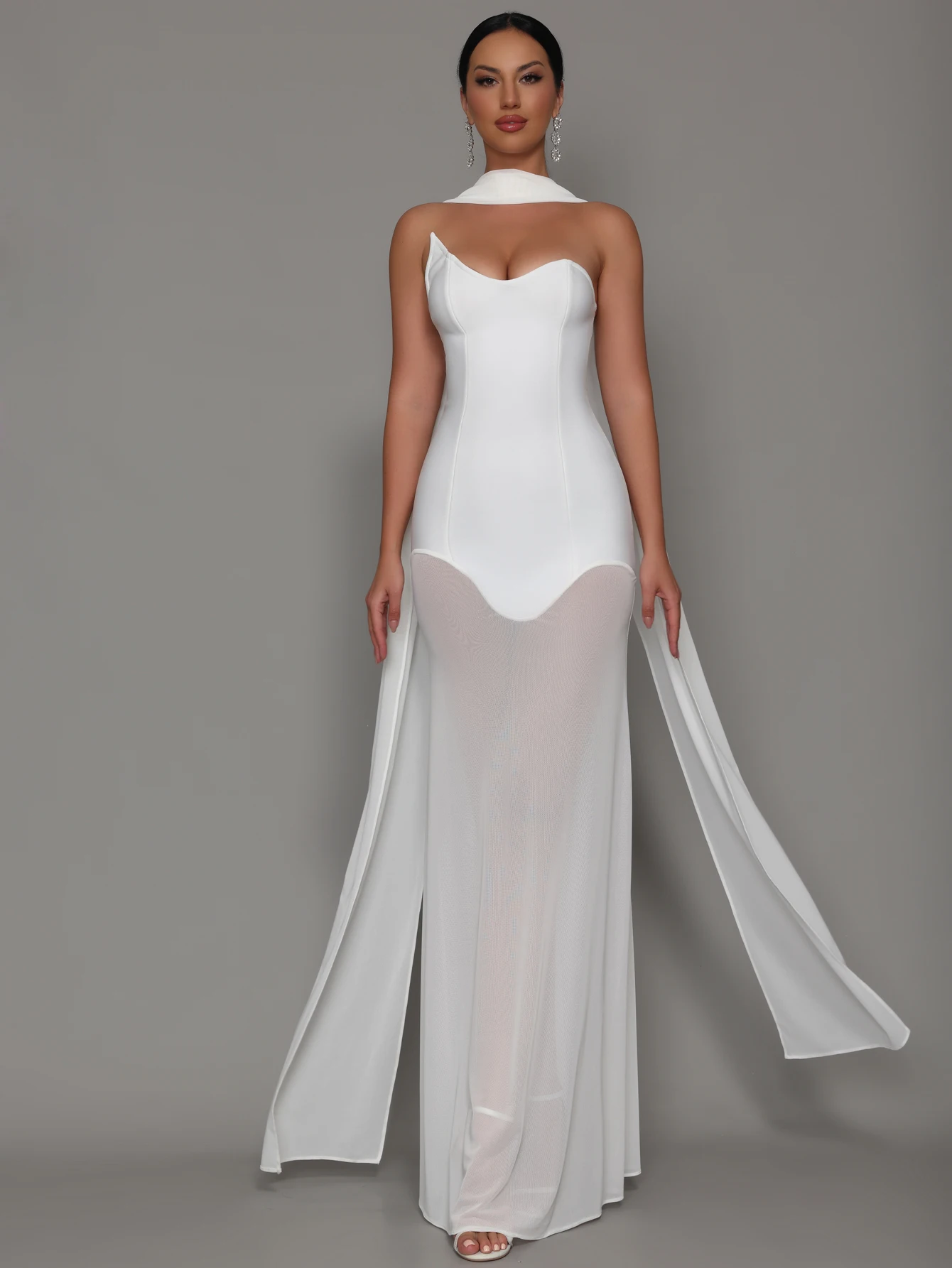 fitted lace wedding dress ADELA WHITE FLOWER BEADED SQUARE-NECK ELASTIC BANDAGE MAXI DRESS – AIIZIE main image 1