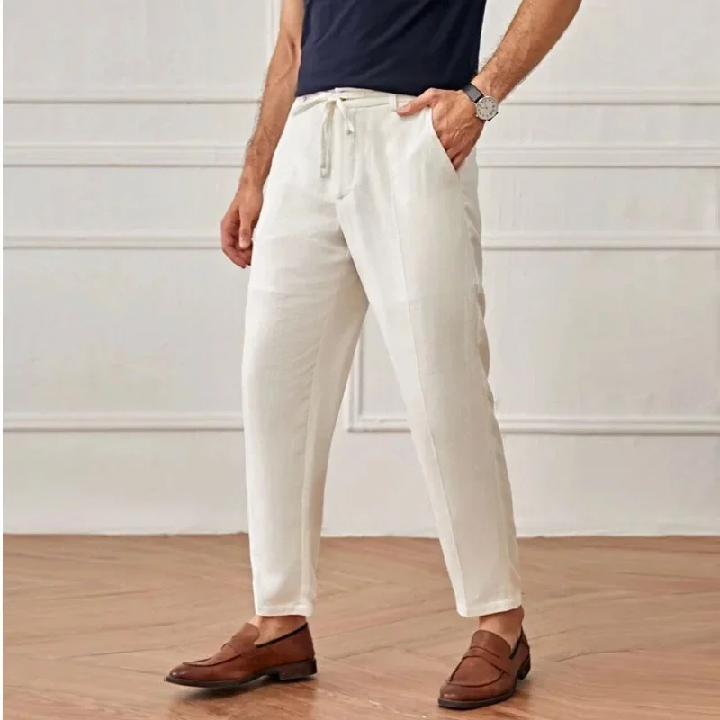 New Men's Cotton Linen Long Pants Summer Solid Color Breathable Linen Trousers Male Casual Elastic Waist Casual  Harajuku Trous