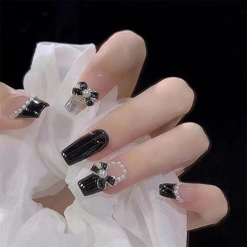 

24Pcs/Set False Nail Pearl bow Press On Nail Tips Finished Full Cover Artificial Fake Nails Seamless Removable False Nail