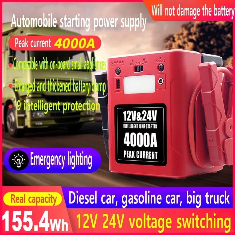 Car Jump Starter Jump Starter Car Battery Charger Portable Battery Charger 24V Truck Booster 4000A 12V Petrol Diesel 56000mah