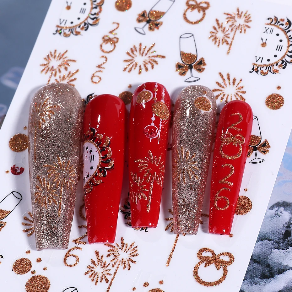 2pcs Christmas Nail Stickers Glitter Gold Fireworks Champagne 2026 Clock Design Bow New Year Nail Sliders Decals Manicure Decor