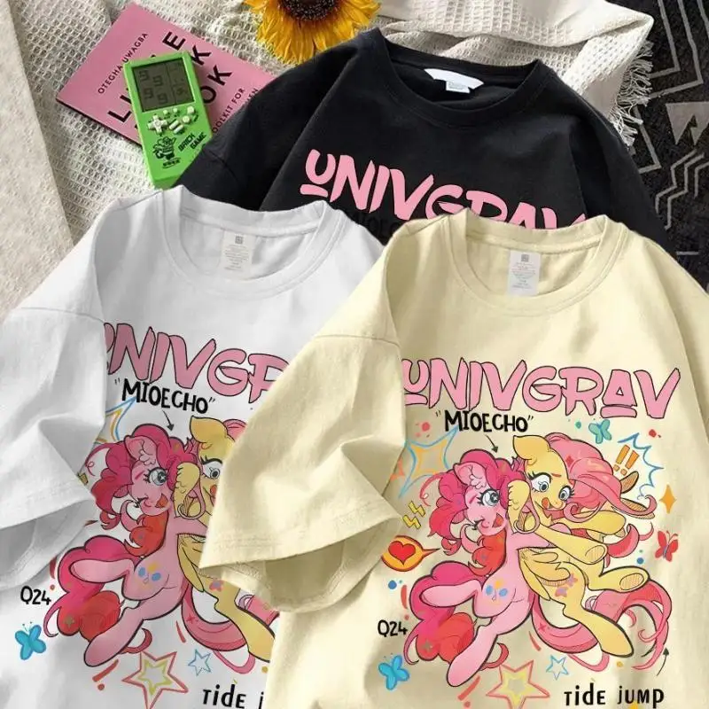 

Kawaii аниме Fluttershy My Little Pony хлопковая футболка с коротким рукавом Милая мультяшная Пинки Пирог Милая свободная облегающая футболка для девочек